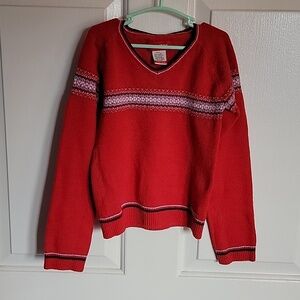 Unionbay, boys or girls red V-neck long sleeved sweater, stretch, small.